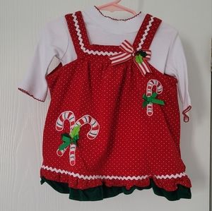 Rare, Too!Girls 12M Red A-line Velour Jumper Dress & White Top Onesie Candy Cane